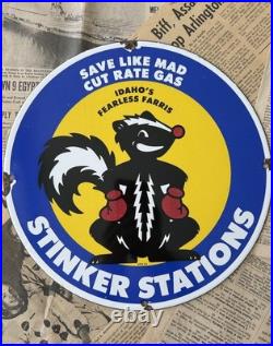 Vintage 1955 Stinker Station Skunk Fearless Fariss 12 Inch Porcelain Enamel Sign