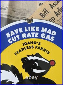Vintage 1955 Stinker Station Skunk Fearless Fariss 12 Inch Porcelain Enamel Sign