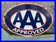 Vintage-1956-AAA-Porcelain-Sign-Metal-Oval-Insurance-Vehicle-Tow-Truck-Gas-Oil-01-dyup
