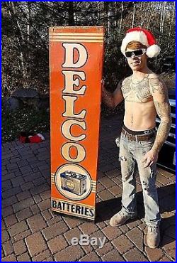 Vintage 1956 Vertical Delco Batteries Metal Sign Gas gasoline Oil 70X19