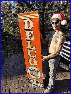 Vintage 1956 Vertical Delco Batteries Metal Sign Gas gasoline Oil 70X19