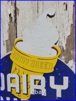 Vintage 1957 Dairy Queen Porcelain Sign Old Ice Cream Cone Sweet Advertising