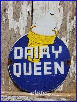 Vintage 1957 Dairy Queen Porcelain Sign Old Ice Cream Cone Sweet Advertising