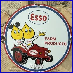 Vintage 1957 Esso Farm Products Oil Gas Dealer 12 Inch Porcelain Enamel Sign