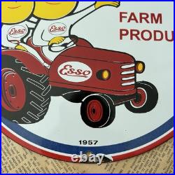 Vintage 1957 Esso Farm Products Oil Gas Dealer 12 Inch Porcelain Enamel Sign