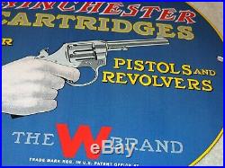 Vintage 1957 Winchester Cartridges Pistol Revolver 11 3/4 Porcelain Metal Sign