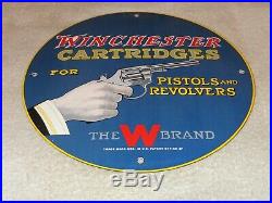 Vintage 1957 Winchester Cartridges Pistol Revolver 11 3/4 Porcelain Metal Sign