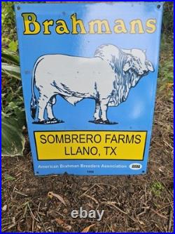 Vintage 1958 Brahmans American Breeders Association Porcelain Enamel Sign Texas