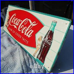 Vintage 1960 Coca Cola Fishtail Soda Pop Gas Station 32 Metal Sign