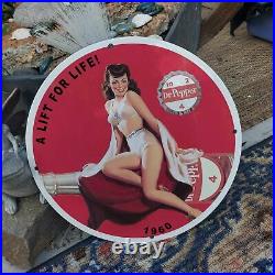 Vintage 1960 Dr Pepper''A Lift For Life'' Porcelain Gas & Oil Pump Sign