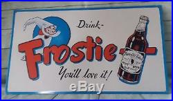 Vintage 1960's Frostie Root Beer Soda Pop Gas Station 17 Embossed Metal Sign