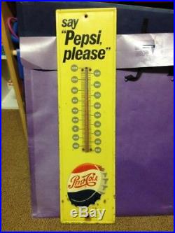 Vintage 1960s Pepsi advertising thermometer tin sign soda cola