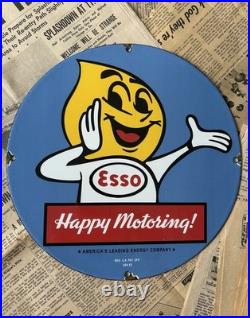 Vintage 1962 Esso Gasoline Happy Motoring 12 Inch Porcelain Enamel Sign