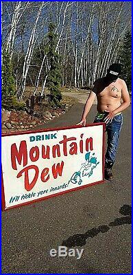 Vintage 1964 Mt. Mountain Dew Soda Pop Metal Sign With Gr8 hillbilly Graphic 59X36