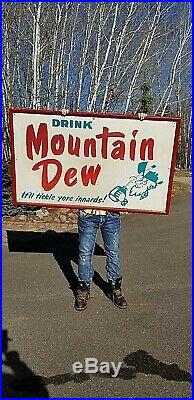 Vintage 1964 Mt. Mountain Dew Soda Pop Metal Sign With Gr8 hillbilly Graphic 59X36