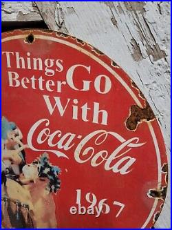 Vintage 1967 Coca Cola Porcelain Sign Coke Bottle Beverage Soda Pop Drink Food