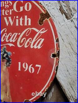 Vintage 1967 Coca Cola Porcelain Sign Coke Bottle Beverage Soda Pop Drink Food