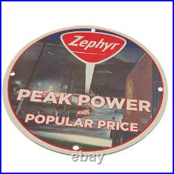 Vintage 1969 Zephyr Peak Power Porcelain Enamel Gas & Oil Garage Man Cave Sign
