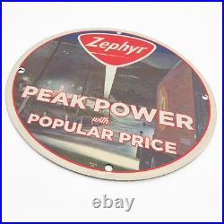 Vintage 1969 Zephyr Peak Power Porcelain Enamel Gas & Oil Garage Man Cave Sign