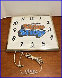 Vintage 1970s BENDIX STOP SHOP Brakes Clock FUNCTIONAL! 15.5 square advertising