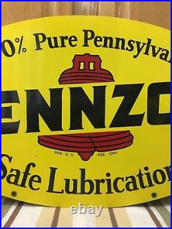 Vintage 1972 Pennzoil Double Sided Metal Oval Sign A M 1-72 31 X 18 Gas Oil 1