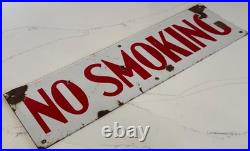 Vintage 20 X 6 Porcelain 2 Sided No Smoking Sign White With Red Letters
