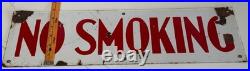 Vintage 20 X 6 Porcelain 2 Sided No Smoking Sign White With Red Letters