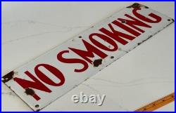 Vintage 20 X 6 Porcelain 2 Sided No Smoking Sign White With Red Letters