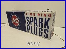 Vintage 24 AC Fire Ring Spark Plugs Lighted Clock Hanging Sign READ