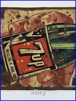 Vintage 30 1940s 7 UP FRESH UP Painted Tin Soda Pop Advertising Sign