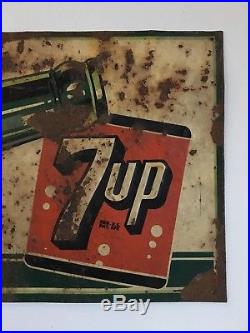 Vintage 30 1940s 7 UP FRESH UP Painted Tin Soda Pop Advertising Sign