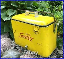 Vintage 50s Metal SQUIRT Cooler withPlug, Opener & SIX FULL Glass Squirt Bottles