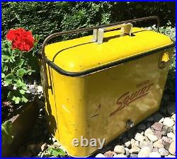Vintage 50s Metal SQUIRT Cooler withPlug, Opener & SIX FULL Glass Squirt Bottles