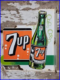 Vintage 7up Porcelain Sign Old Soda Flange Beverage Advertising Food Store Pop