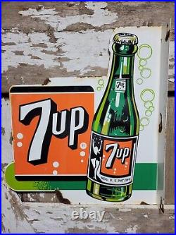 Vintage 7up Porcelain Sign Old Soda Flange Beverage Advertising Food Store Pop