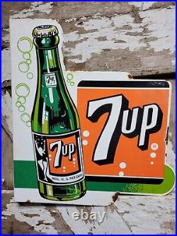 Vintage 7up Porcelain Sign Old Soda Flange Beverage Advertising Food Store Pop