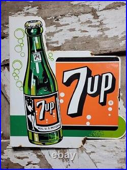 Vintage 7up Porcelain Sign Old Soda Flange Beverage Advertising Food Store Pop