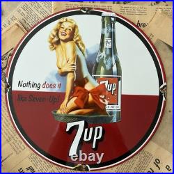 Vintage 7up Soda Beverage Pin-up Advertisement 12 Inch Porcelain Enamel Sign