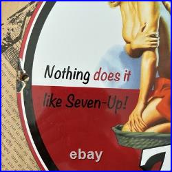 Vintage 7up Soda Beverage Pin-up Advertisement 12 Inch Porcelain Enamel Sign