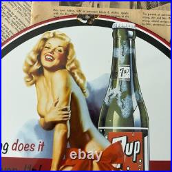 Vintage 7up Soda Beverage Pin-up Advertisement 12 Inch Porcelain Enamel Sign