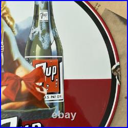 Vintage 7up Soda Beverage Pin-up Advertisement 12 Inch Porcelain Enamel Sign