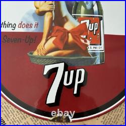 Vintage 7up Soda Beverage Pin-up Advertisement 12 Inch Porcelain Enamel Sign