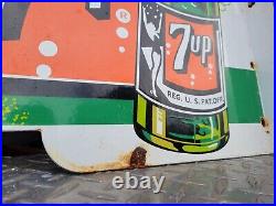 Vintage 7up Soda Porcelain Sign Old Flange Beverage Advertising Food Store Gas