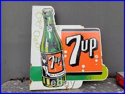 Vintage 7up Soda Porcelain Sign Old Flange Beverage Advertising Food Store Gas