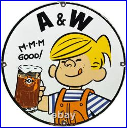 Vintage A & W M-m-m Good! Porcelain Sign Dennis The Menace Root Beer Float