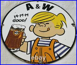 Vintage A & W M-m-m Good! Porcelain Sign Dennis The Menace Root Beer Float