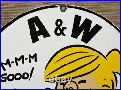 Vintage A & W M-m-m Good! Porcelain Sign Dennis The Menace Root Beer Float