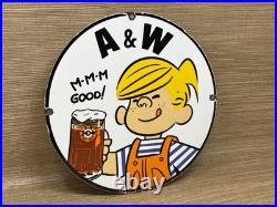 Vintage A & W M-m-m Good! Porcelain Sign Dennis The Menace Root Beer Float