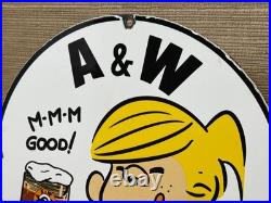 Vintage A & W M-m-m Good! Porcelain Sign Dennis The Menace Root Beer Float