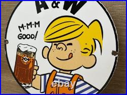 Vintage A & W M-m-m Good! Porcelain Sign Dennis The Menace Root Beer Float